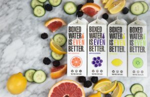 three boxes of boxed water are surrounded by sliced fruit